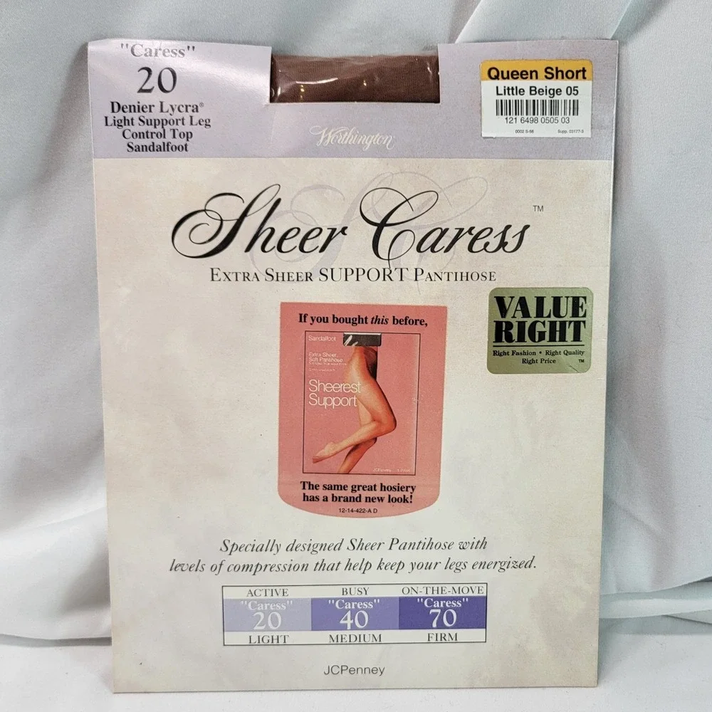 JCPenny Sheer Caress Extra Sheer Support Pantyhose Queen Short Beige Sandalfoot